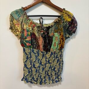 Women’s Gypsy Rose Handmade Boho Patchwork Smocked Puff Sleeve Top size Large
